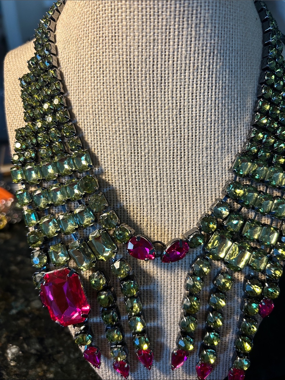 Betsey Johnson Green and Pink Crystal Bib Necklace